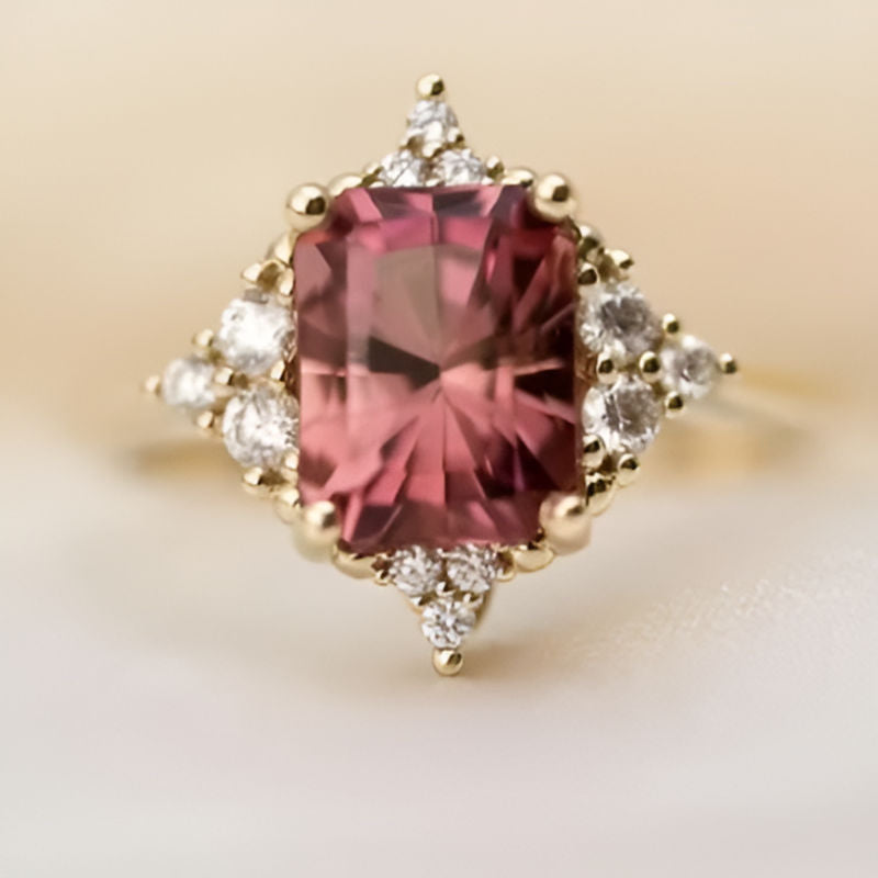 Gold Square Red White Stone Ring