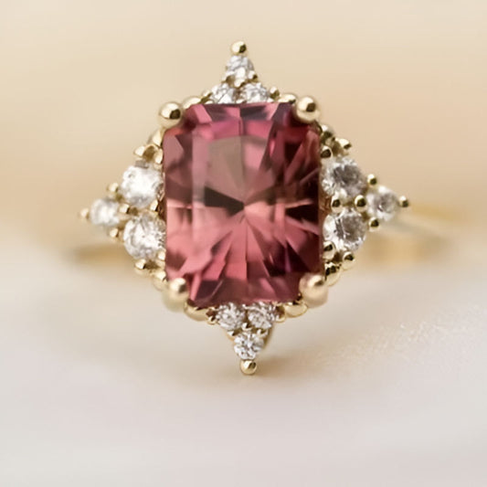 Gold Square Red White Stone Ring