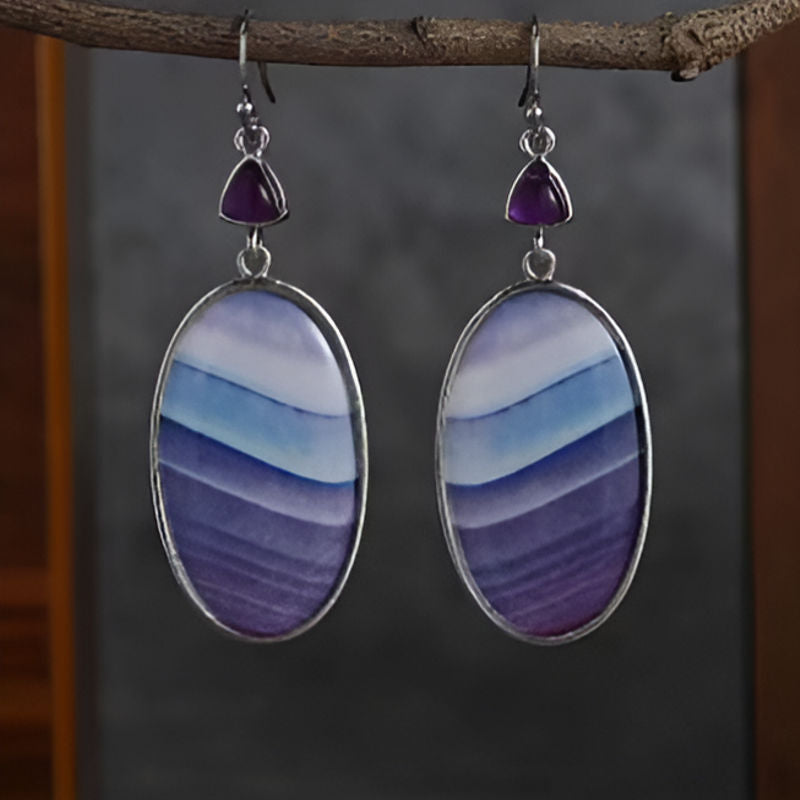 Silver Oval Purple Stone Dangle Earrings