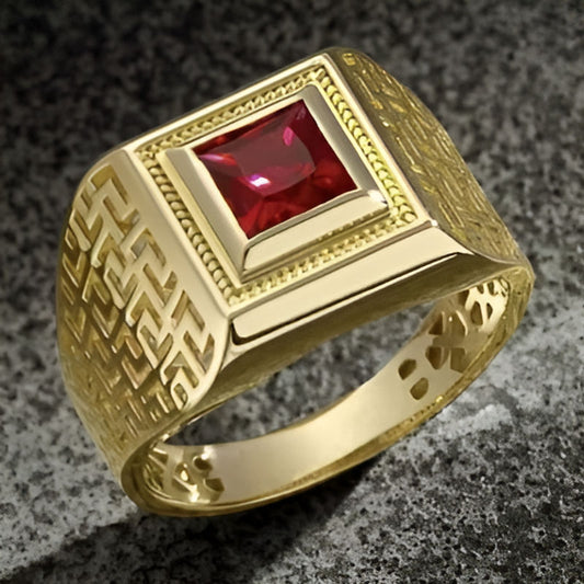 Gold Square Hollow Red Stone Ring