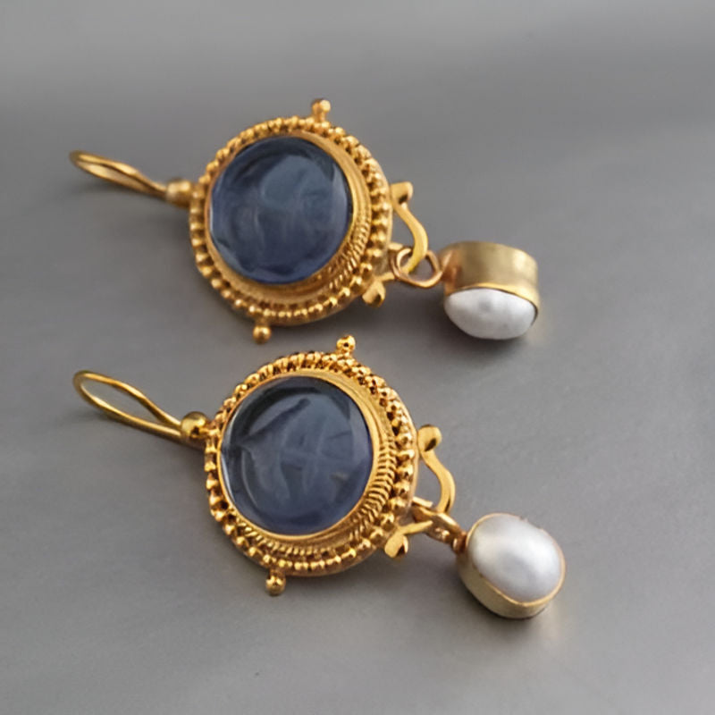 Vintage Oval Dark Blue Flower Earrings