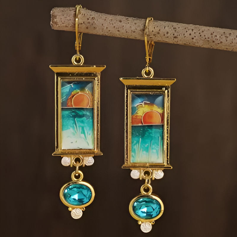 Vintage Square Blue Gold Earrings