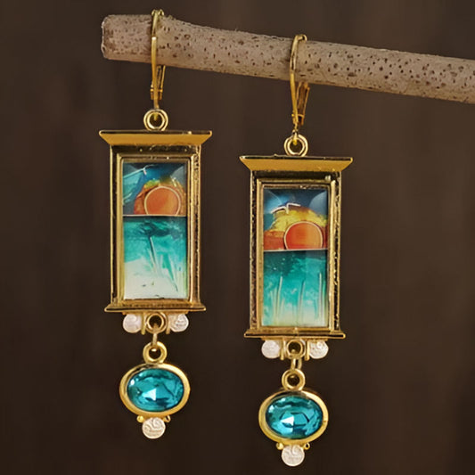 Vintage Square Blue Gold Earrings
