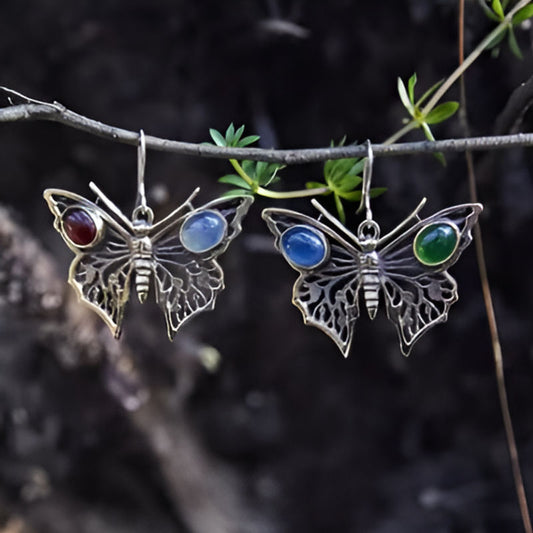 Silver Butterfly Blue Green Stone Earrings