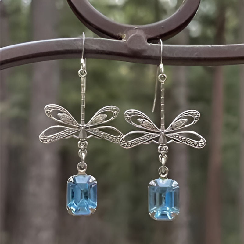 Silver Square Dragonfly Blue Stone Earrings