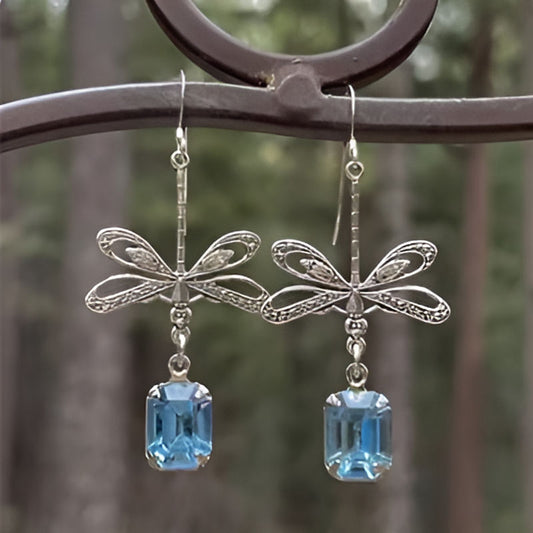 Silver Square Dragonfly Blue Stone Earrings