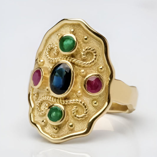 Gold Round Green Blue Red Stone Ring