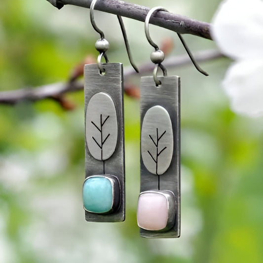 Vintage Square Blue & Pink Stone Inlaid Earrings