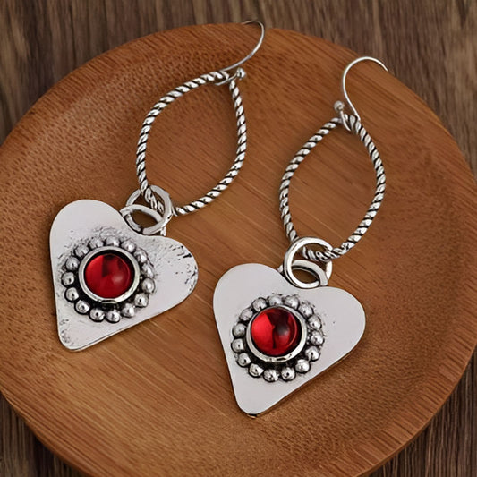 Vintage Red Stone Heart Earrings