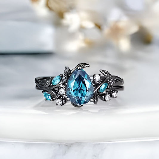 Elegant Blue Stone Leaf Ring