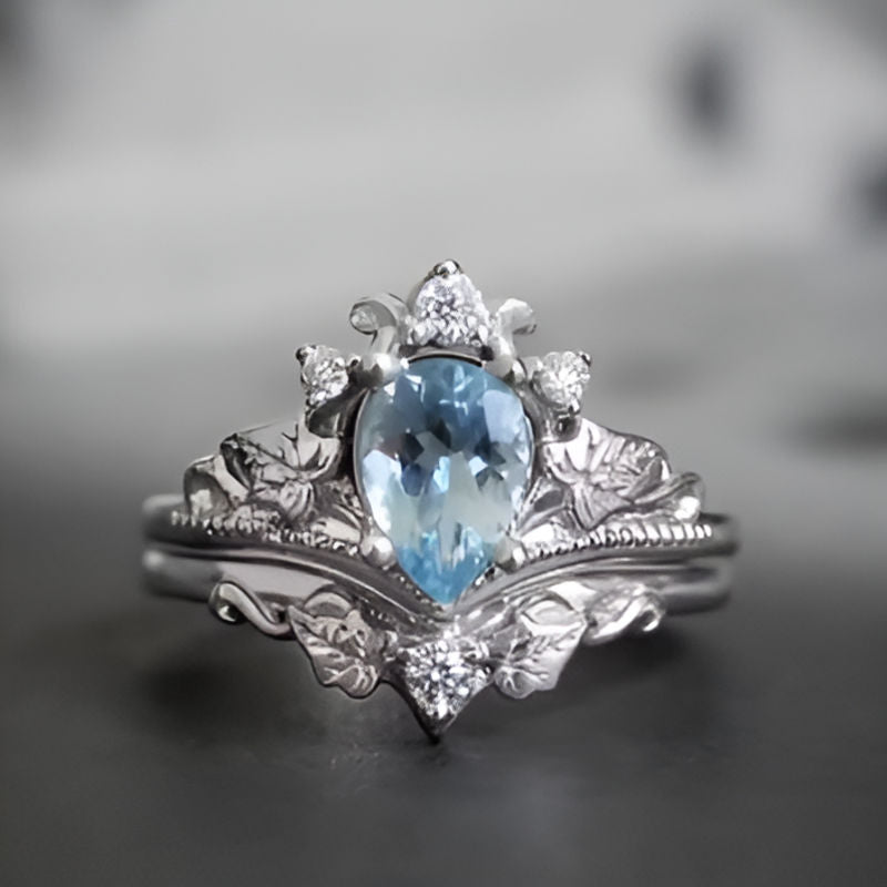 Elegant Blue Stone Flower Leaf Ring