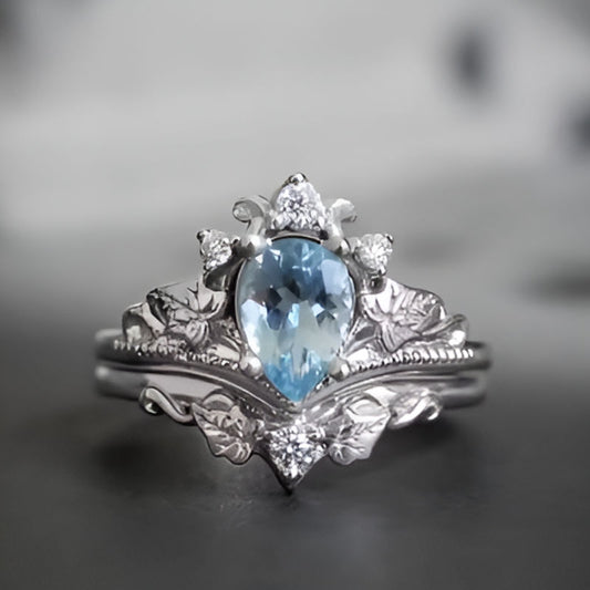 Elegant Blue Stone Flower Leaf Ring