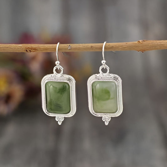 Vintage Silver Square Green Stone Earrings