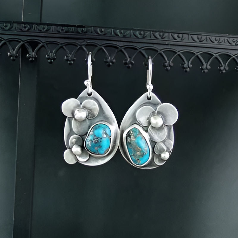 Silver Flower Irregular Blue Stone Earrings