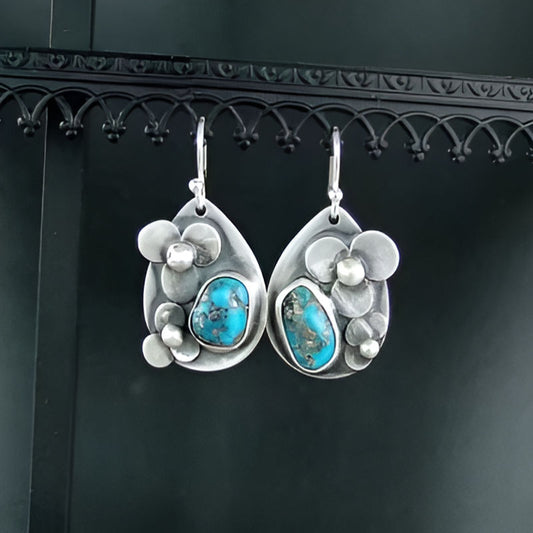 Silver Flower Irregular Blue Stone Earrings