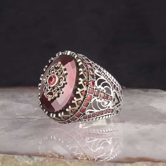 Silver Red Zircon Ring