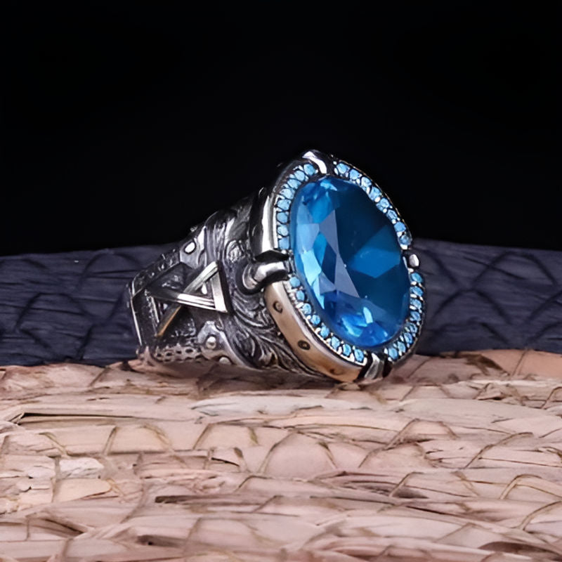 Silver Inlaid Blue Zircon Punk Ring