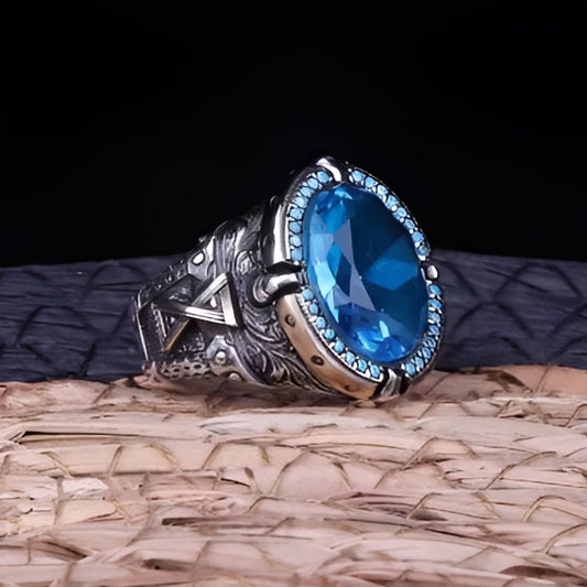 Silver Inlaid Blue Zircon Punk Ring
