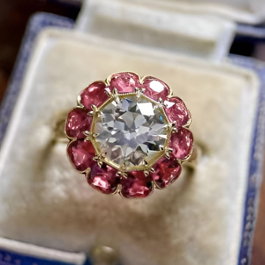 Gold Flower Round Red Stone Ring