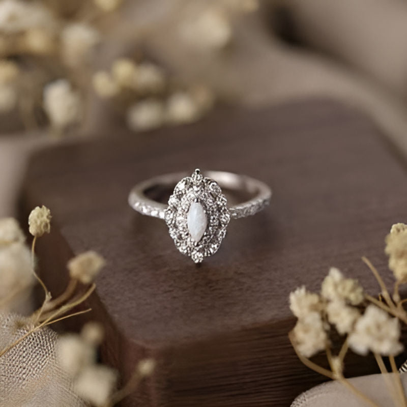 Silver Inlaid White Stones Ring