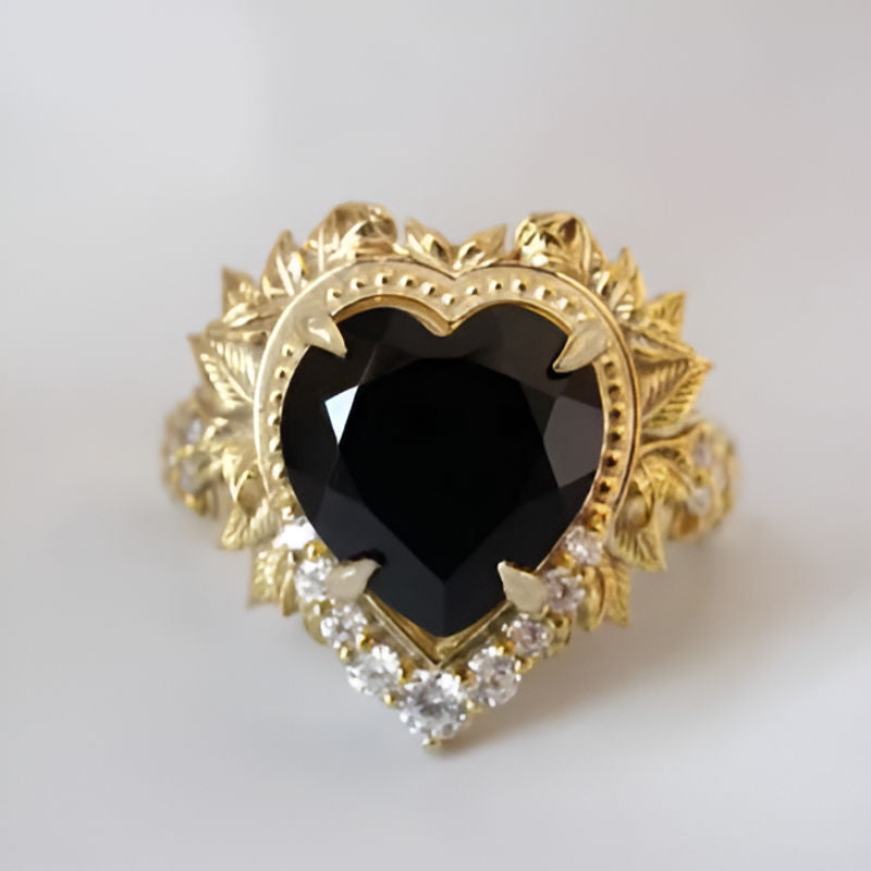 Gold Flower Leaf Heart Ring