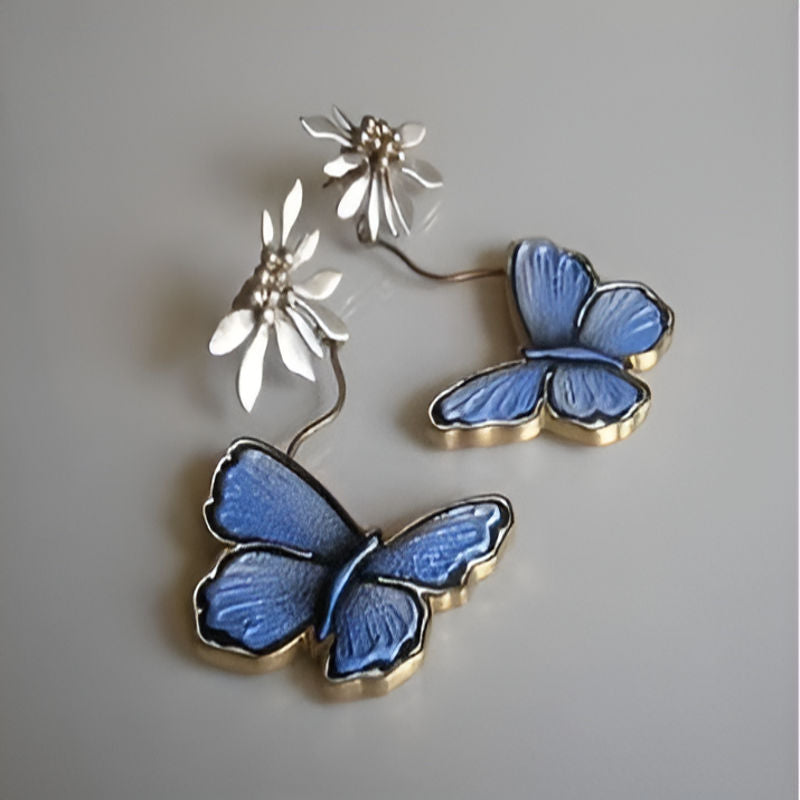 Silver Enamel Butterfly Dangle Earrings