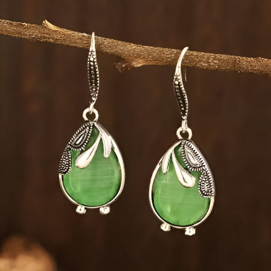 Vintage Water Droplets Green Stone Earrings