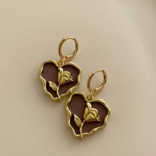 Gold Heart Flower Red Stone Earrings
