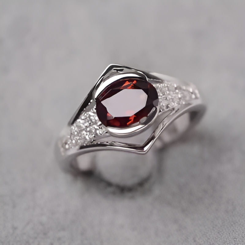 Silver Geometry Red Stone Ring