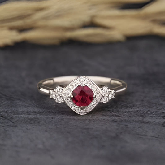 Vintage Square Geometry Red Stone Ring