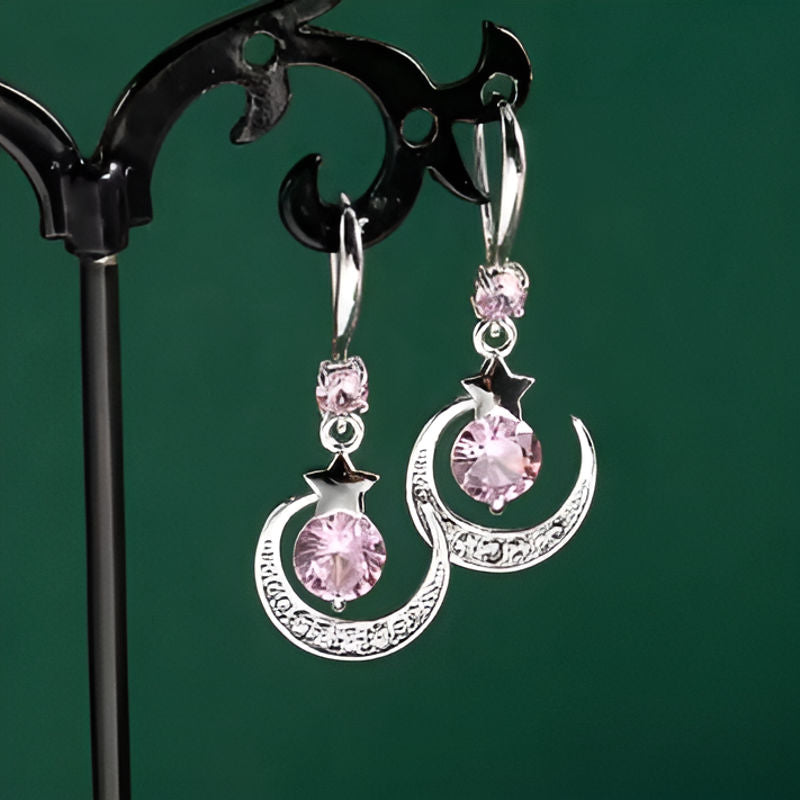 Silver Pink Zircon Moon Earrings