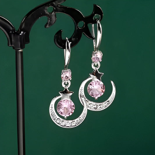 Silver Pink Zircon Moon Earrings