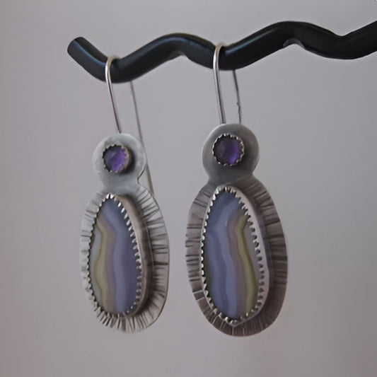 Silver Round Purple Stone Earrings
