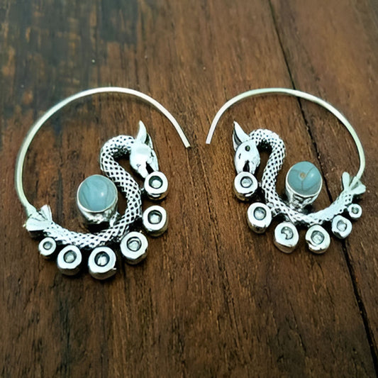 Silver Dragon Green Stone Earrings