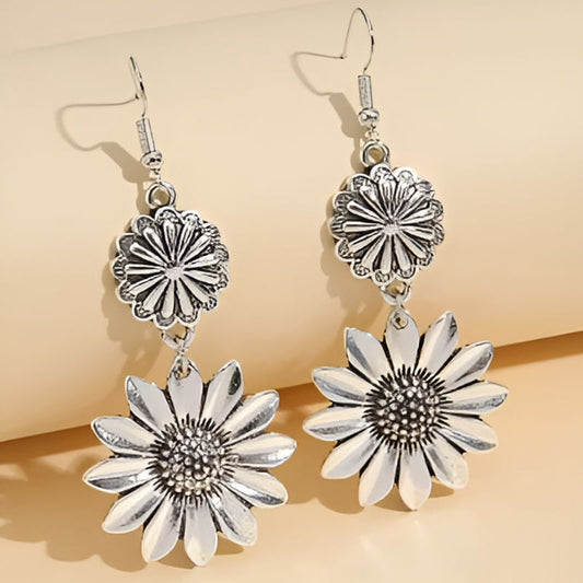 Silver Carving Sunflower Earrings
