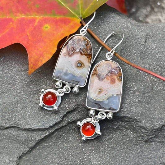 Silver Red Stone Dangle Earrings