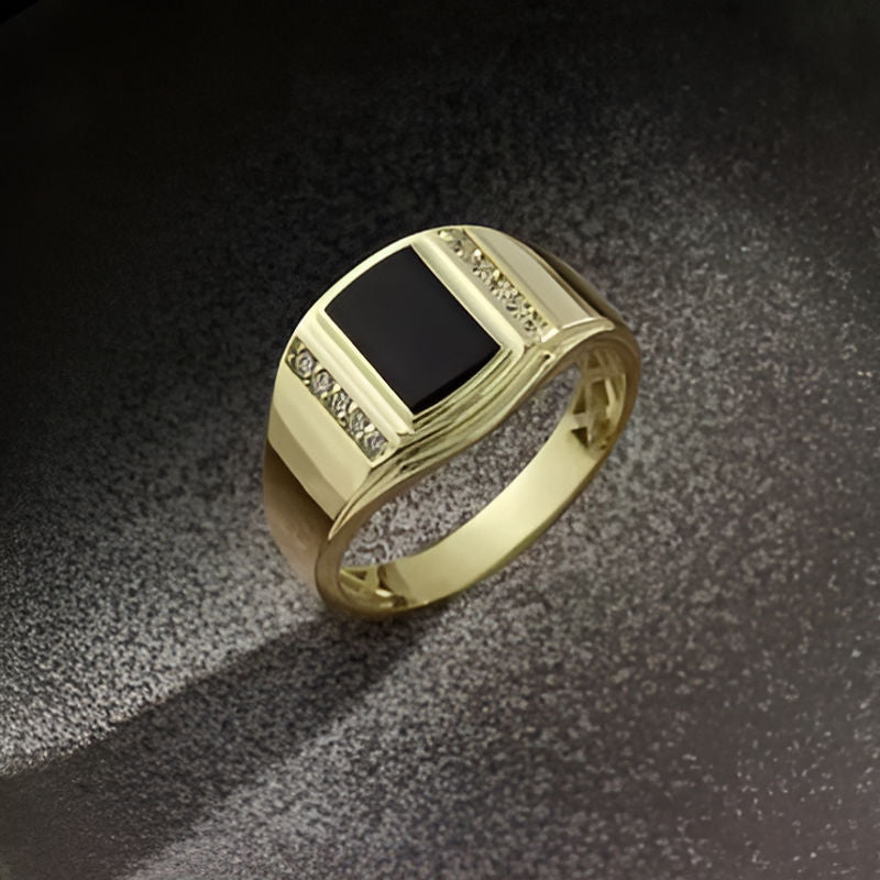 Gold Square Round Black Stone Ring