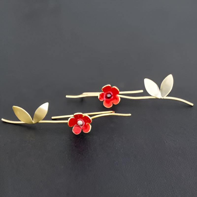 Vintage Red Flower Leaf Earrings