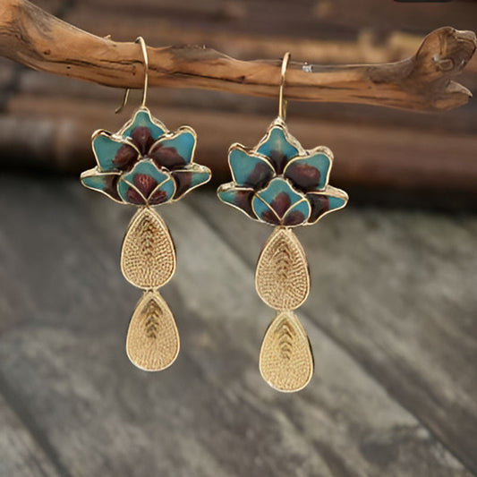 Gold Flower Green Stone Earrings
