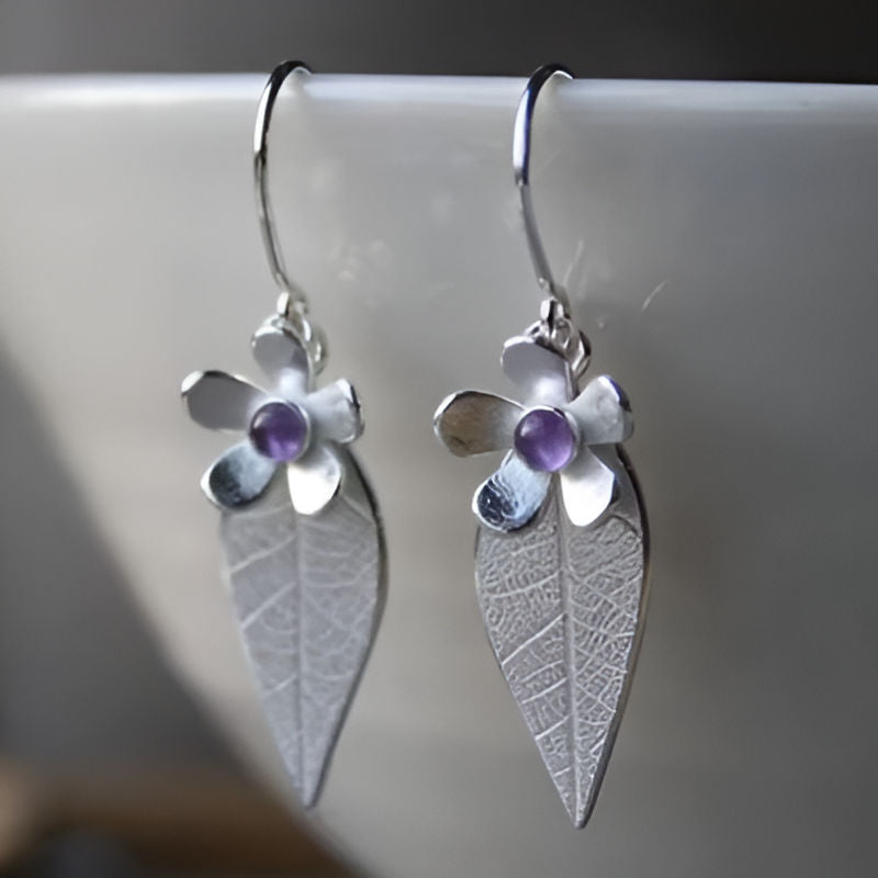 Silver Leaf Flower Purple Stone Earrings