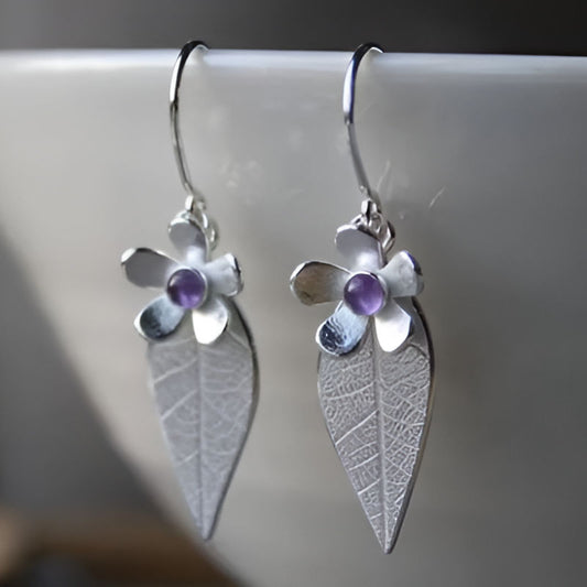 Silver Leaf Flower Purple Stone Earrings