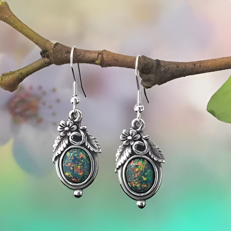 Vintage Flower Green Stone Earrings