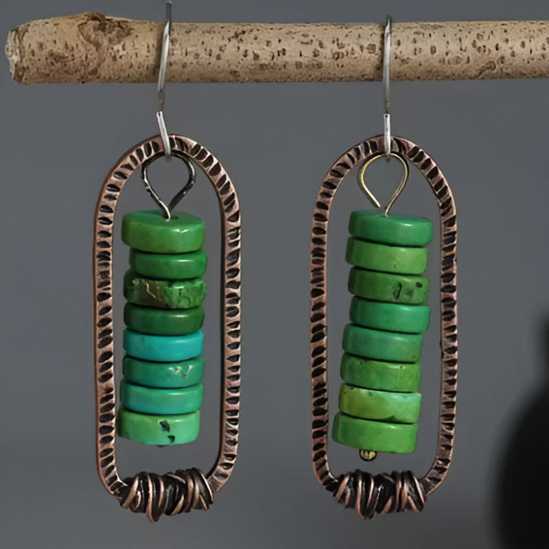 Vintage Handmade Round Green Stone Earrings