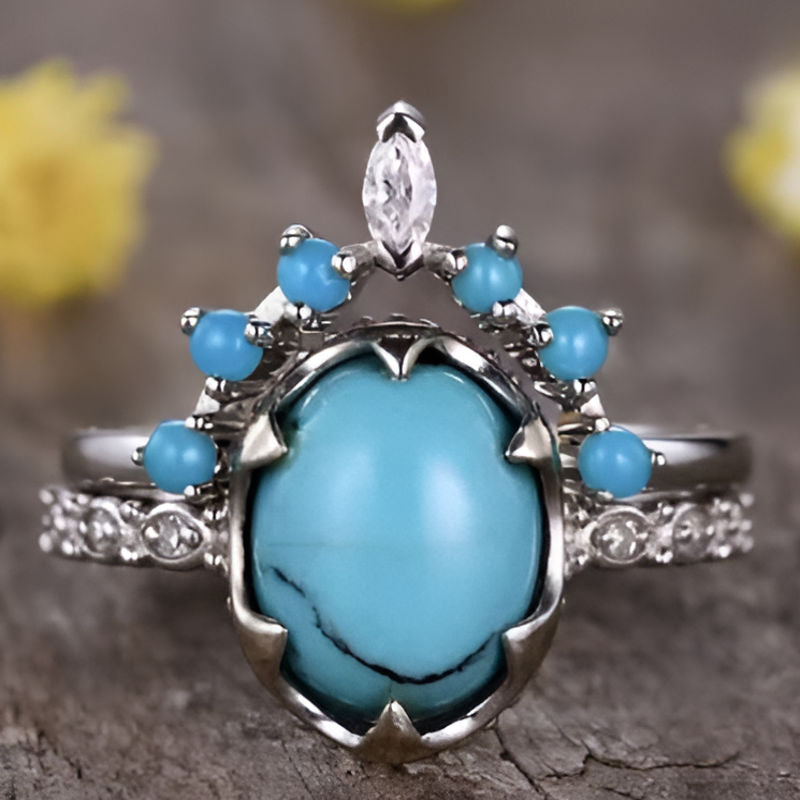 Elegant Blue Stone Flower Round Ring
