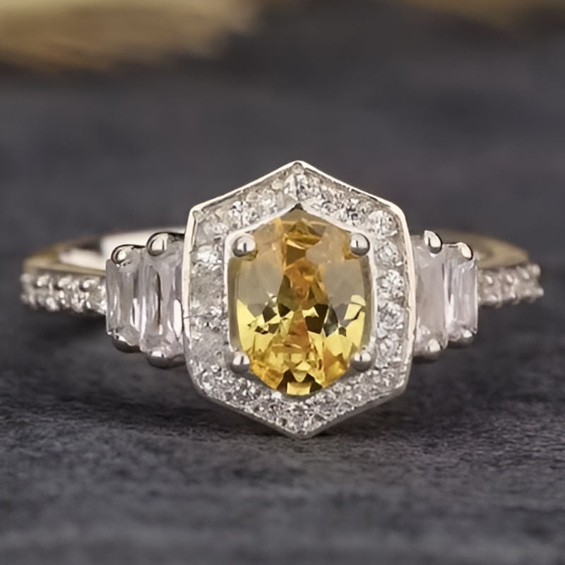 Silver Square Round Yellow Stone Ring