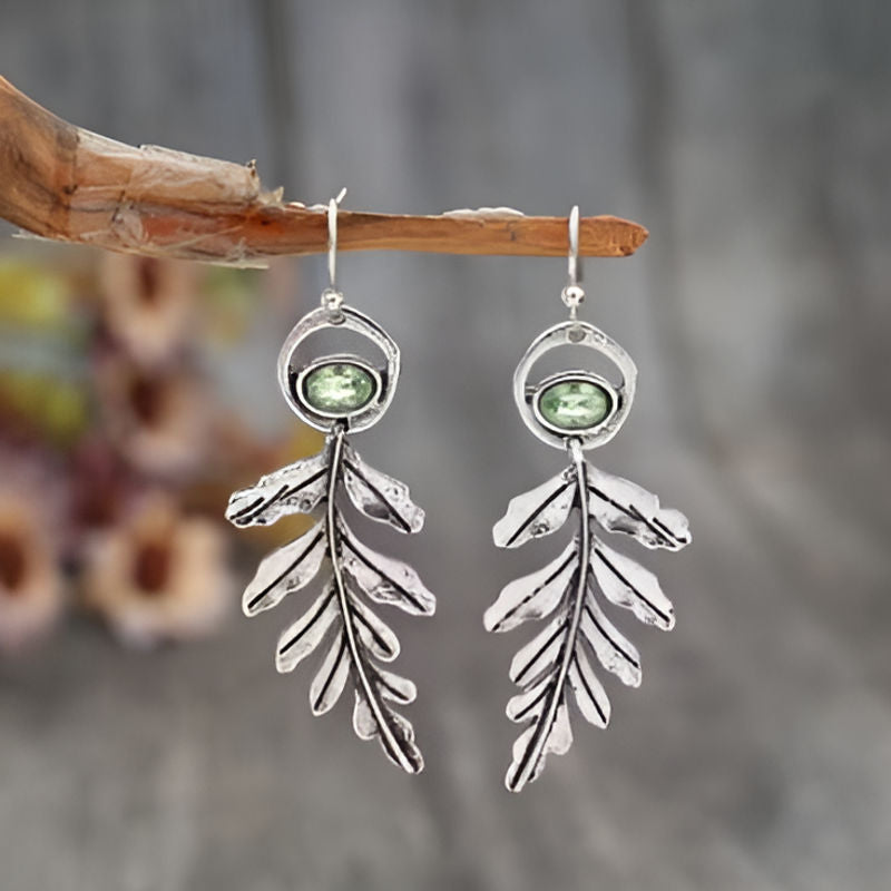 Silver Leaf Green Stone Earrings
