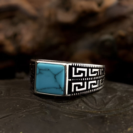 Silver Square Round Green Stone Ring