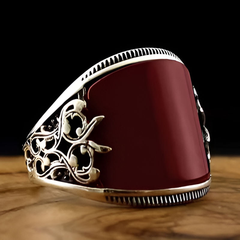 Silver Flower Red Stone Ring