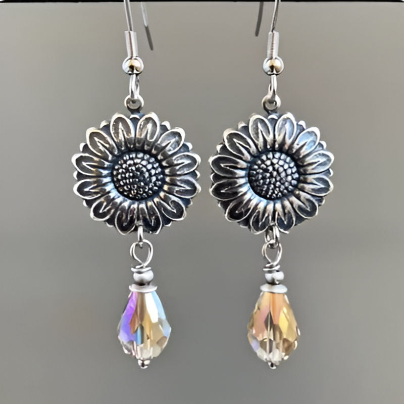 Silver Sun Flower Crystal Earrings