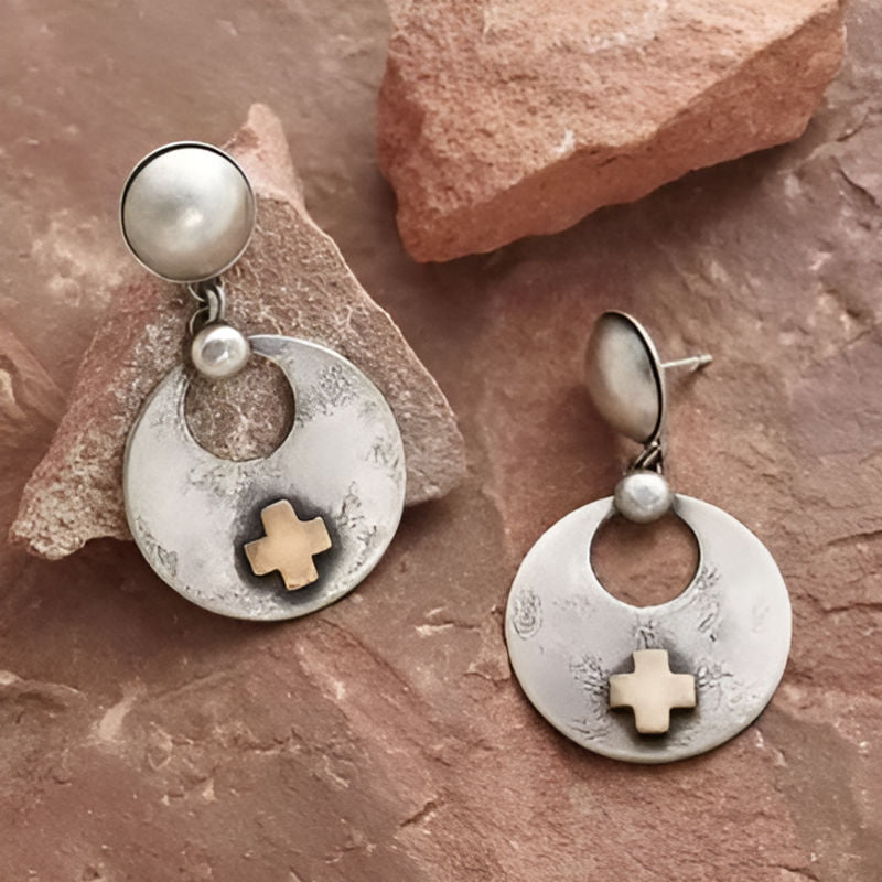 Vintage Crescent Moon Pearl Cross Earrings